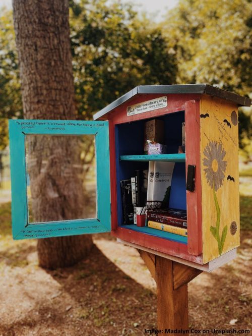 A " Little Free Library" with books.