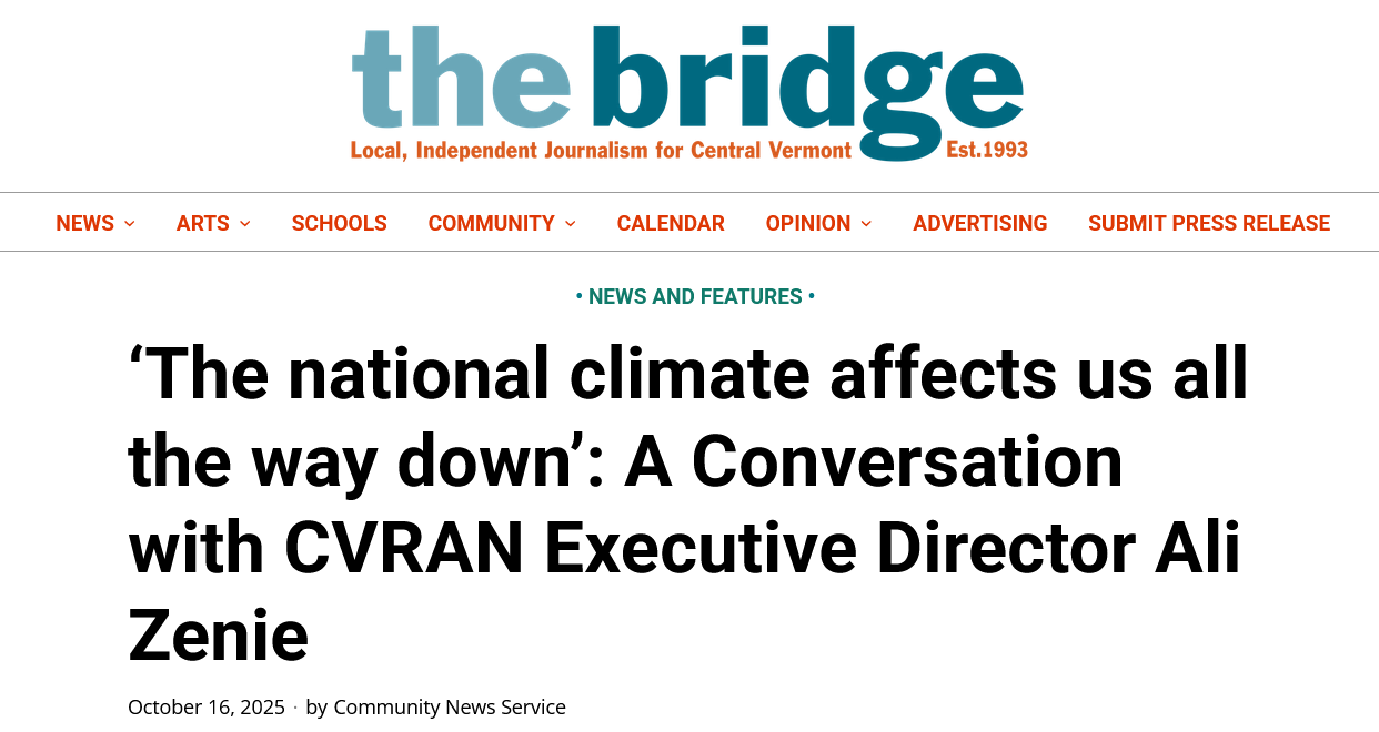 Newspaper headline in the Montpelier Bridge, Oct 2025